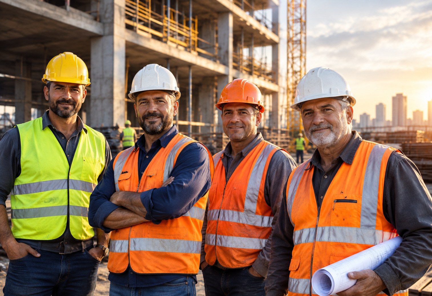 Quatro profissionais da construção em canteiro de obras