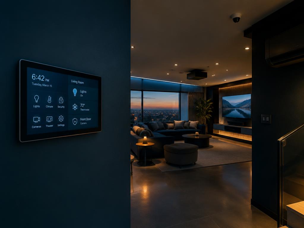 Casa inteligente com painel de controle de iluminação e climatização